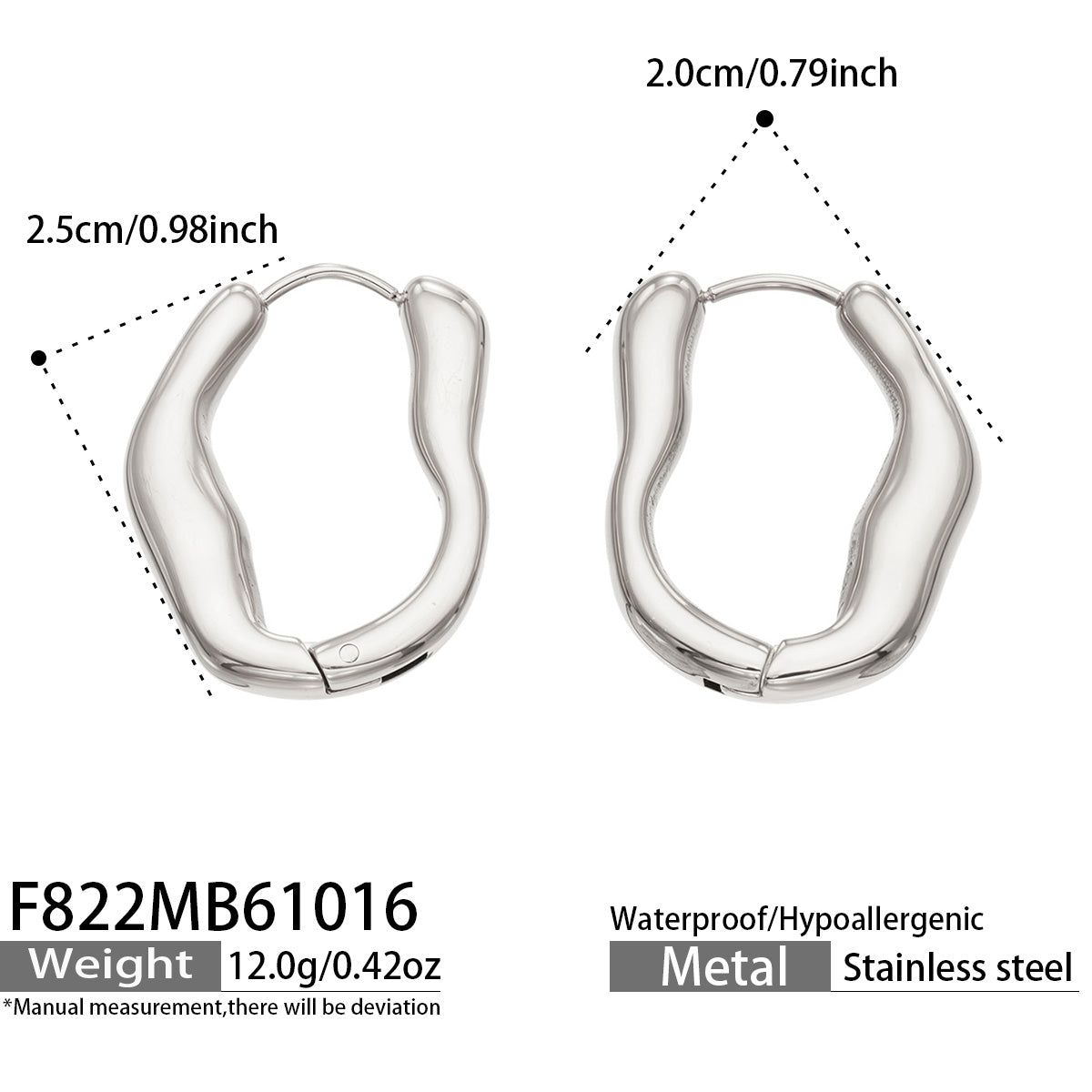 Product dimension diagram of silver sculptural hoop earrings showing the curved hoop shape and measurements