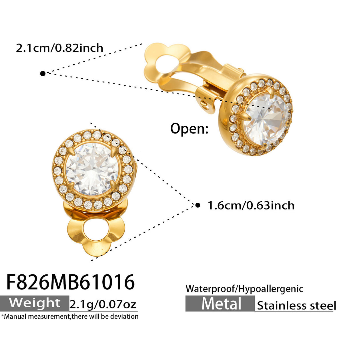 Size diagram of gold-tone round halo clip-on earrings showing front and side views, overall dimensions and open clip mechanism