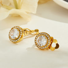 Pair of gold-tone halo clip-on earrings displayed on a neutral background, showing the faceted center stones and gold clip-on fittings