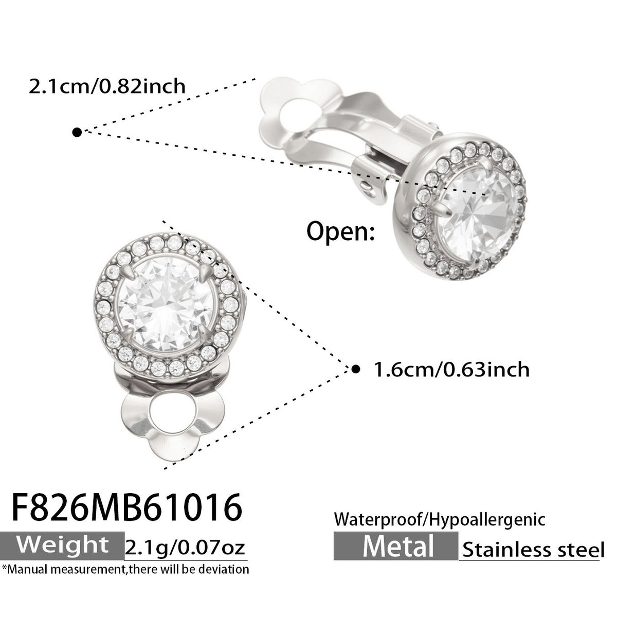 Product dimension diagram of silver-tone halo clip-on earrings showing the round stone setting, clip closure and measurements