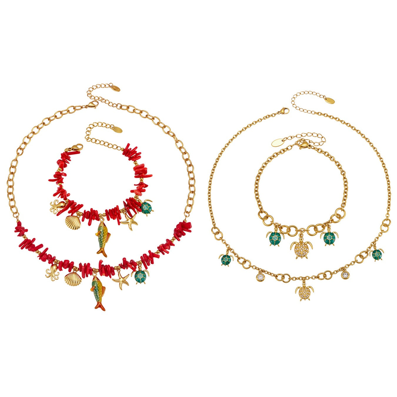 Ocean animal charm necklace and bracelet collection worn by model with turtle, shell, starfish and coral-inspired pendants for wholesale boutique buyers