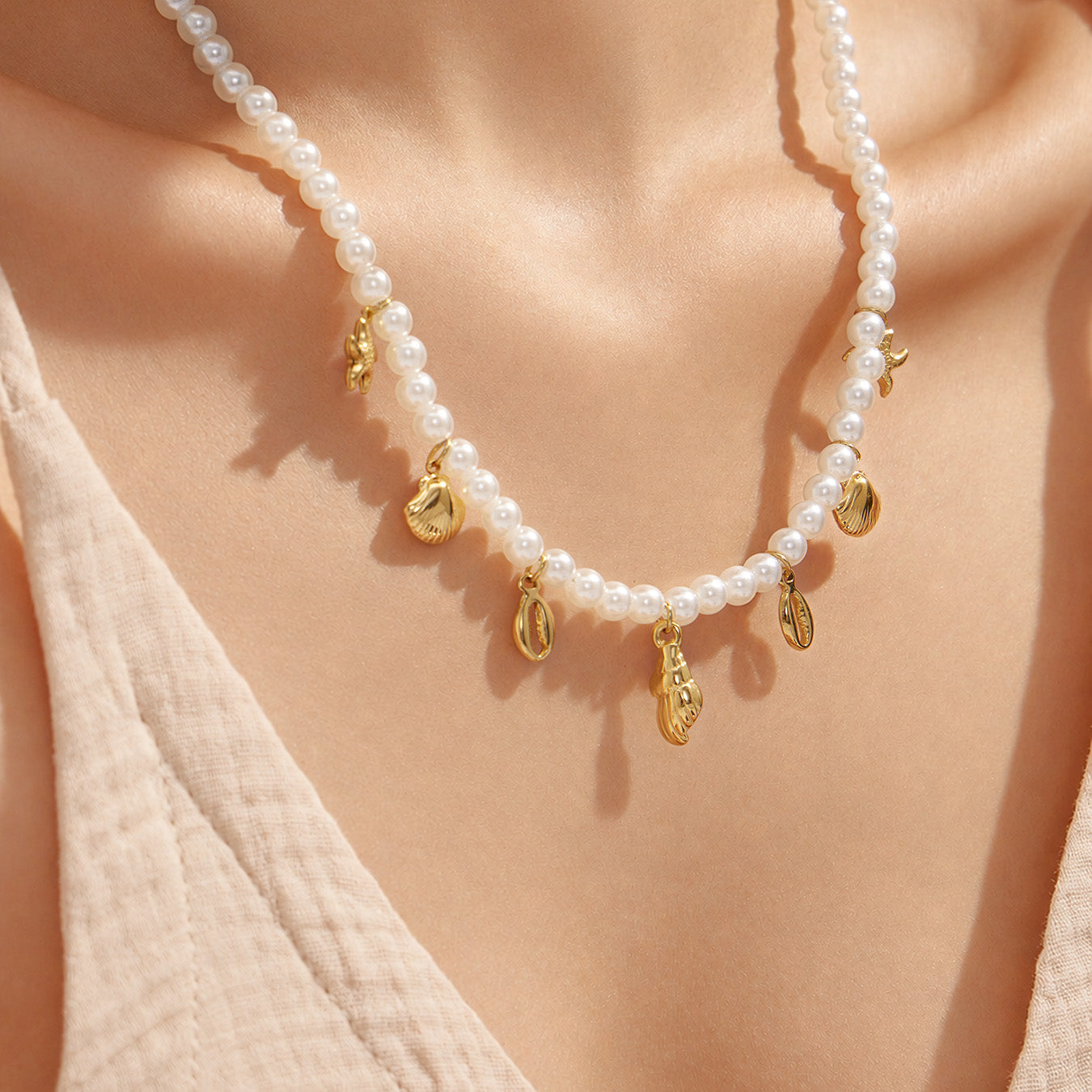 316L Stainless Steel 18K PVD Gold Ocean Shell Y-Shaped Necklace made with 316L stainless steel and 18K PVD gold finish for wholesale jewelry buyers - image 11
