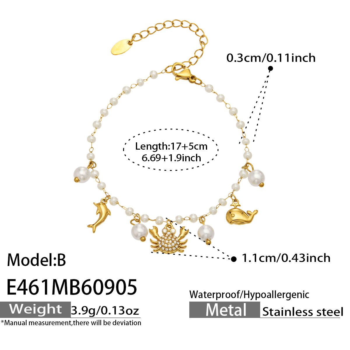 Gold crab ocean charm pearl bracelet size guide showing bracelet and extension chain measurements