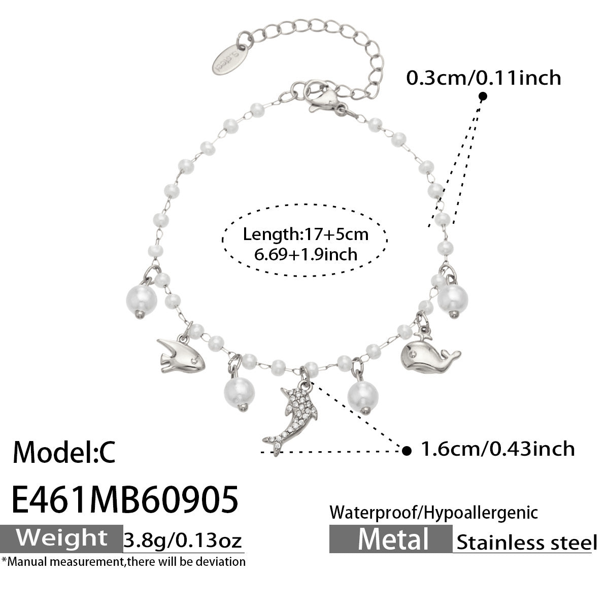 Steel finish crab ocean charm pearl bracelet size guide with adjustable extension chain