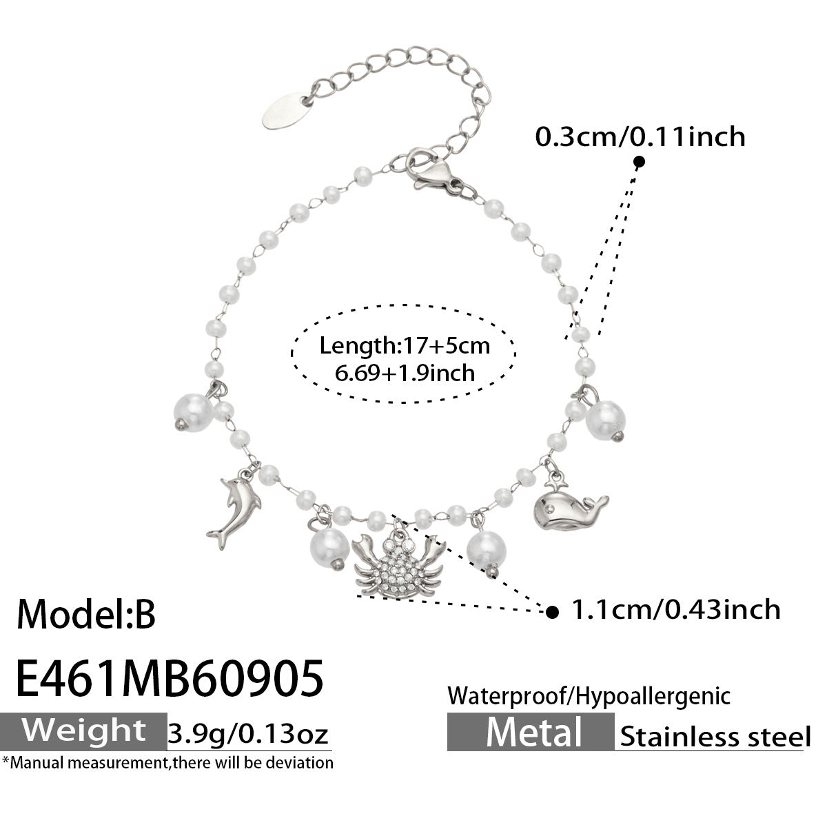 Steel finish dolphin ocean charm pearl bracelet size guide with adjustable chain measurements