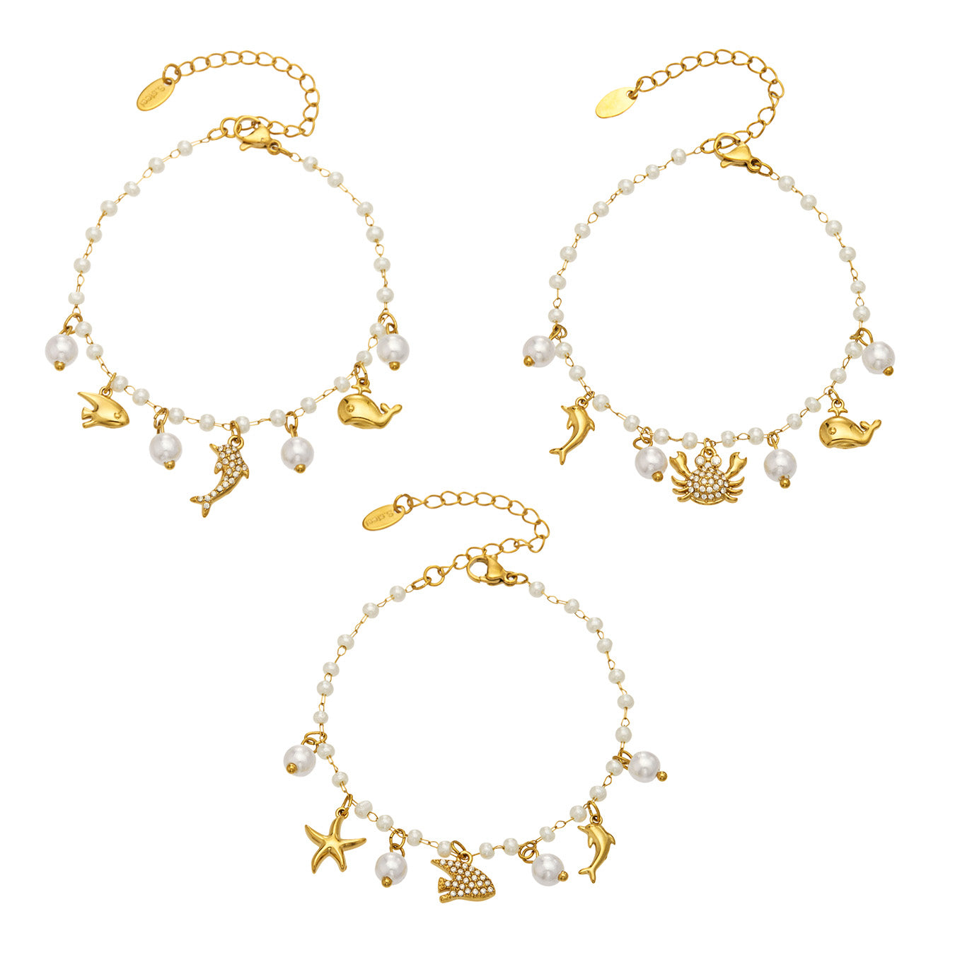 Gold stainless steel ocean charm pearl bracelets with three marine-inspired designs and pearl bead details