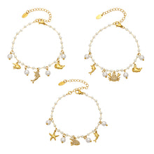 Gold stainless steel ocean charm pearl bracelets with three marine-inspired designs and pearl bead details