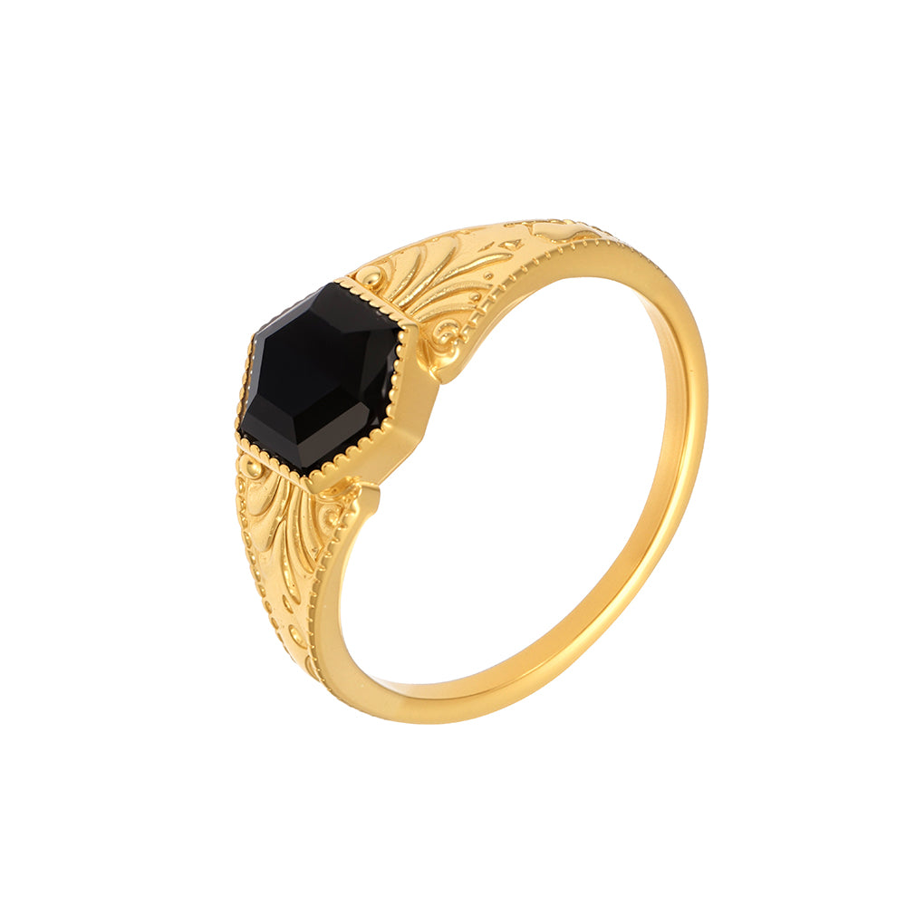 Elegant octagon stone ring in 316L stainless steel with gold finish