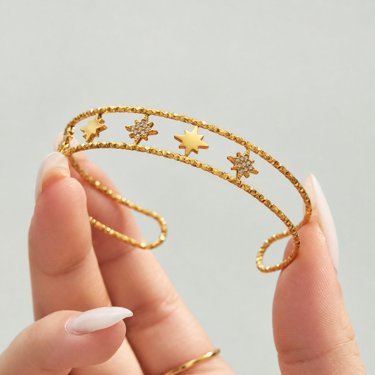 304 Stainless Steel 18K PVD Gold Octagonal Star Zircon Open Bangle made with 304 Stainless Steel and 18K PVD gold finish for wholesale jewelry buyers - image 11