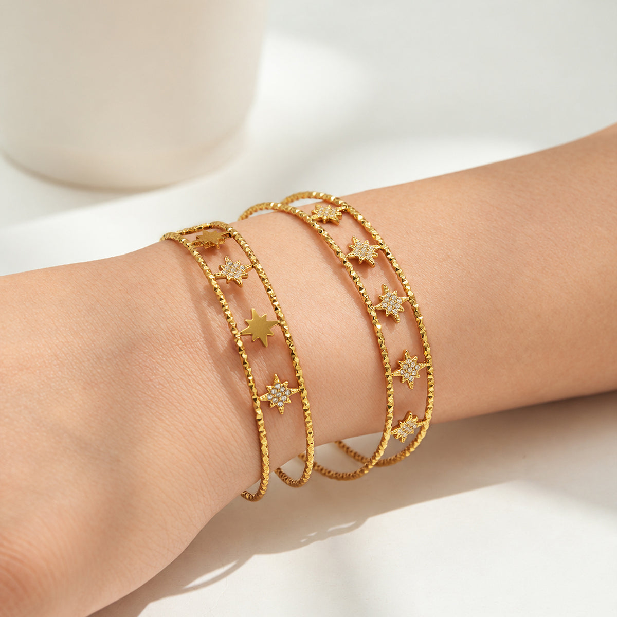 304 Stainless Steel 18K PVD Gold Octagonal Star Zircon Open Bangle made with 304 Stainless Steel and 18K PVD gold finish for wholesale jewelry buyers - image 12