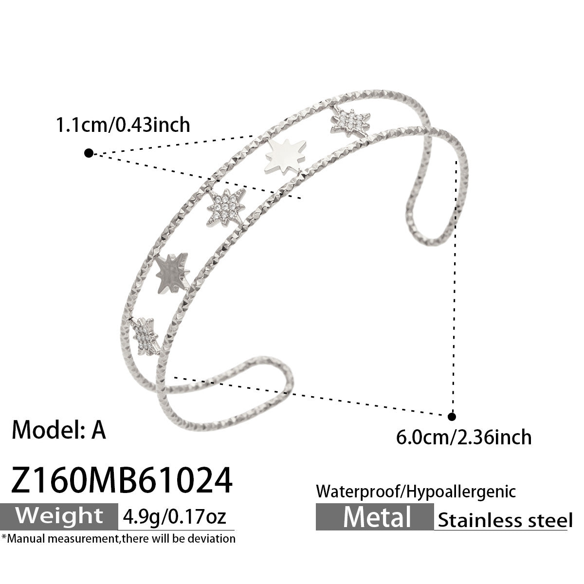 Detail view of the 304 Stainless Steel bangle with zircon