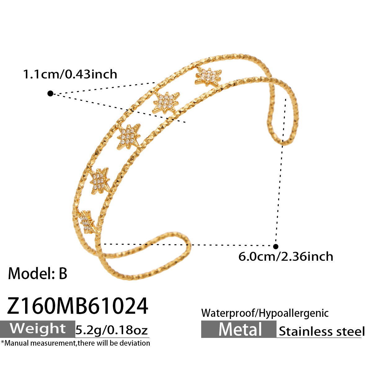 304 Stainless Steel 18K PVD Gold Octagonal Star Zircon Open Bangle made with 304 Stainless Steel and 18K PVD gold finish for wholesale jewelry buyers - image 4