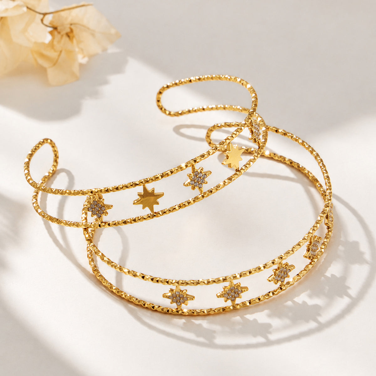 304 Stainless Steel 18K PVD Gold Octagonal Star Zircon Open Bangle made with 304 Stainless Steel and 18K PVD gold finish for wholesale jewelry buyers - image 5