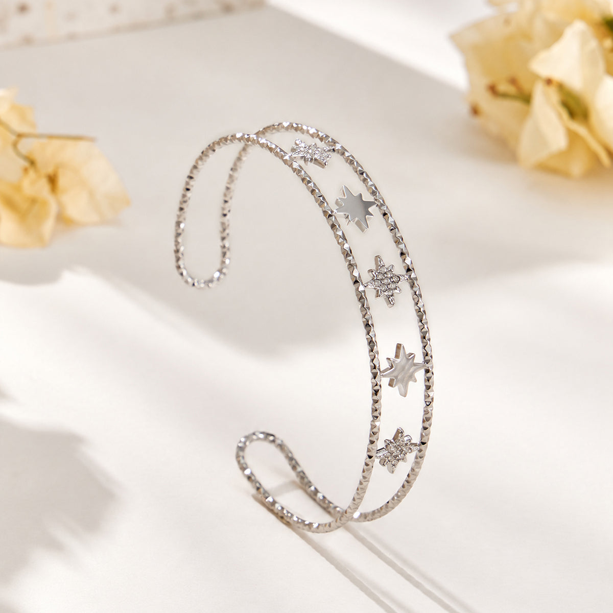 304 Stainless Steel 18K PVD Gold Octagonal Star Zircon Open Bangle made with 304 Stainless Steel and 18K PVD gold finish for wholesale jewelry buyers - image 6