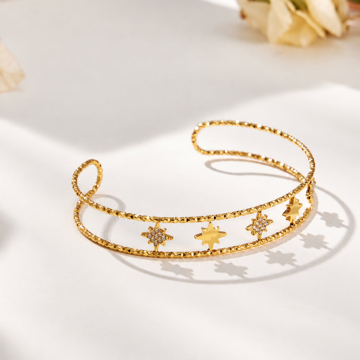 304 Stainless Steel 18K PVD Gold Octagonal Star Zircon Open Bangle made with 304 Stainless Steel and 18K PVD gold finish for wholesale jewelry buyers - image 8