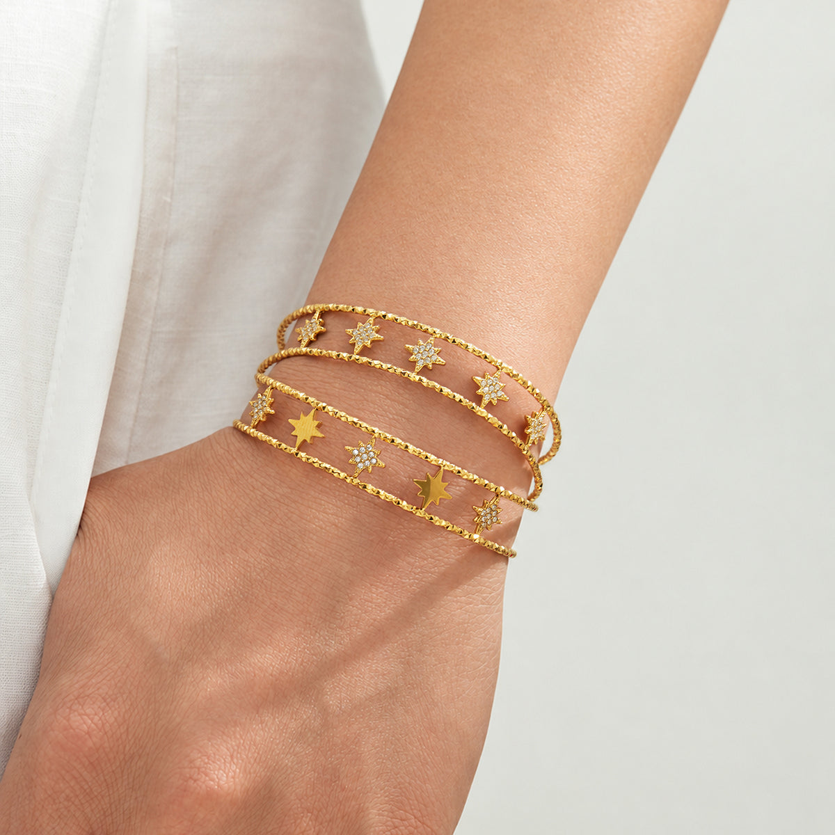 304 Stainless Steel 18K PVD Gold Octagonal Star Zircon Open Bangle made with 304 Stainless Steel and 18K PVD gold finish for wholesale jewelry buyers - image 9