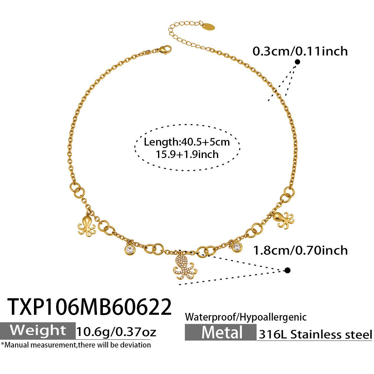 316L Stainless Steel 18K PVD Gold Octopus Pendant Necklace made with 316L stainless steel and 18K PVD gold finish for wholesale jewelry buyers - image 9