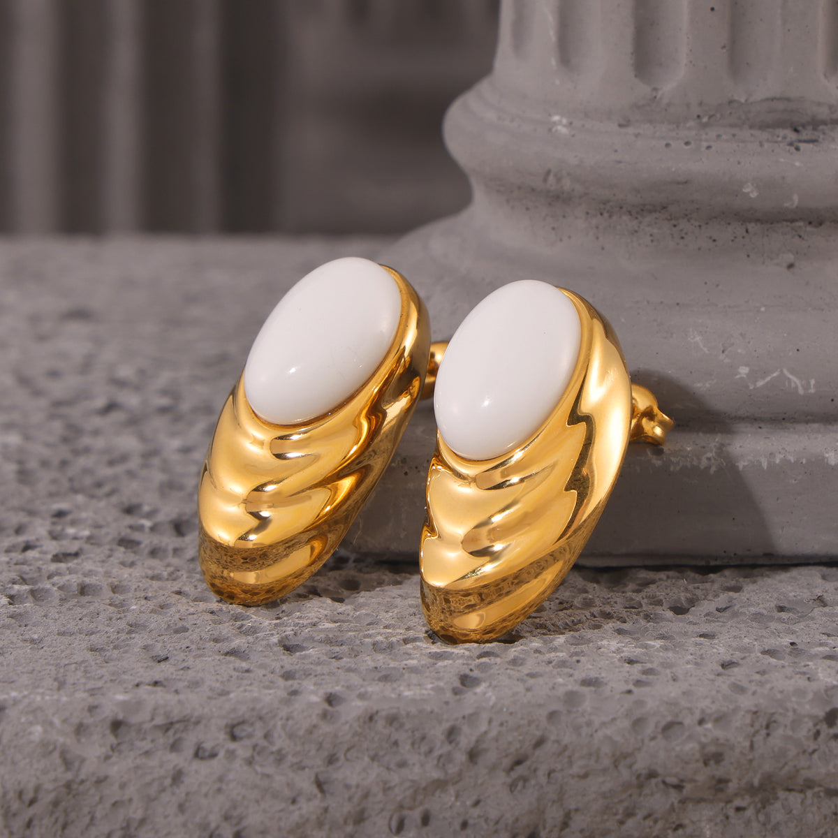 Stainless Steel White Stone Ridged Earrings — product image 2