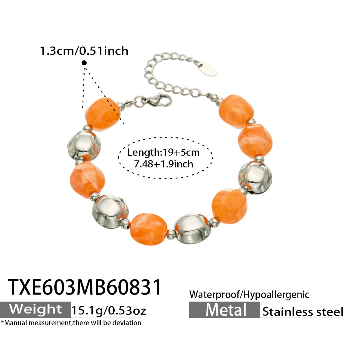 Specification card for an orange resin bead bracelet with stainless steel accent beads.