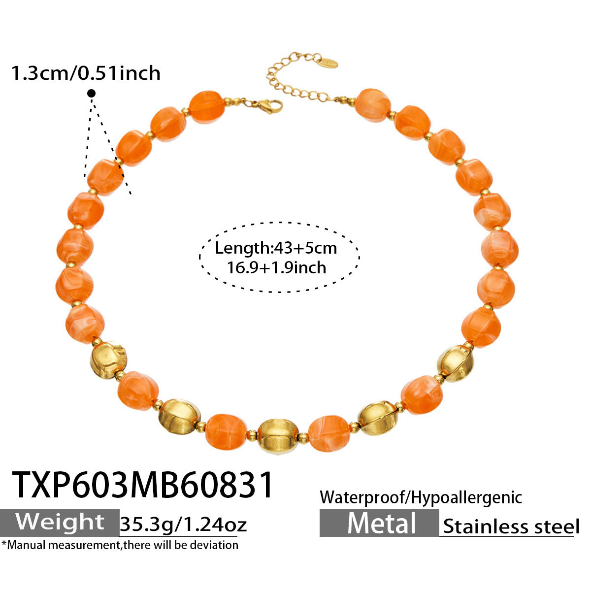 Specification card for an orange resin bead necklace with stainless steel accent beads.