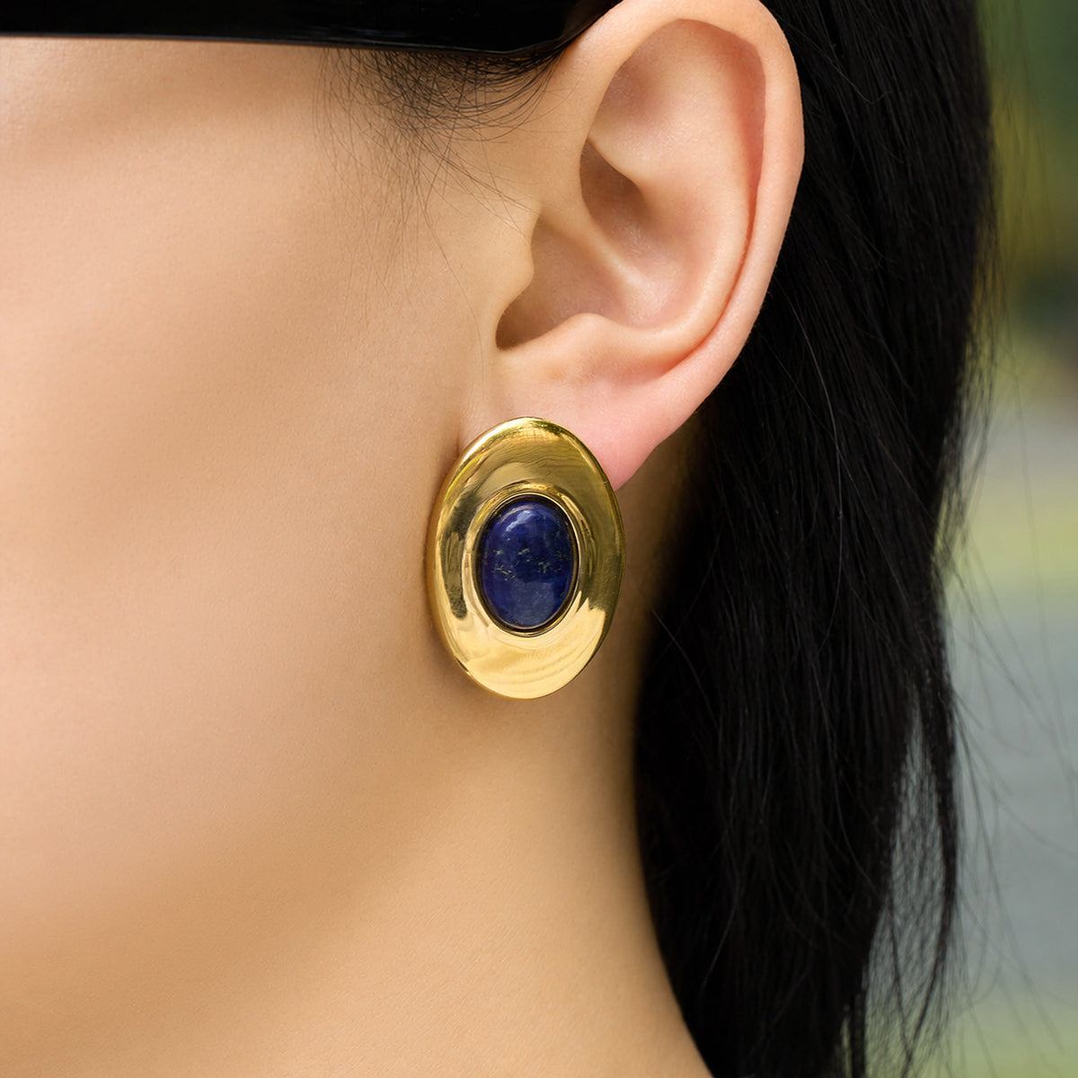 Elegant 316L Stainless Steel Gold Plated Oval Lapis Earrings