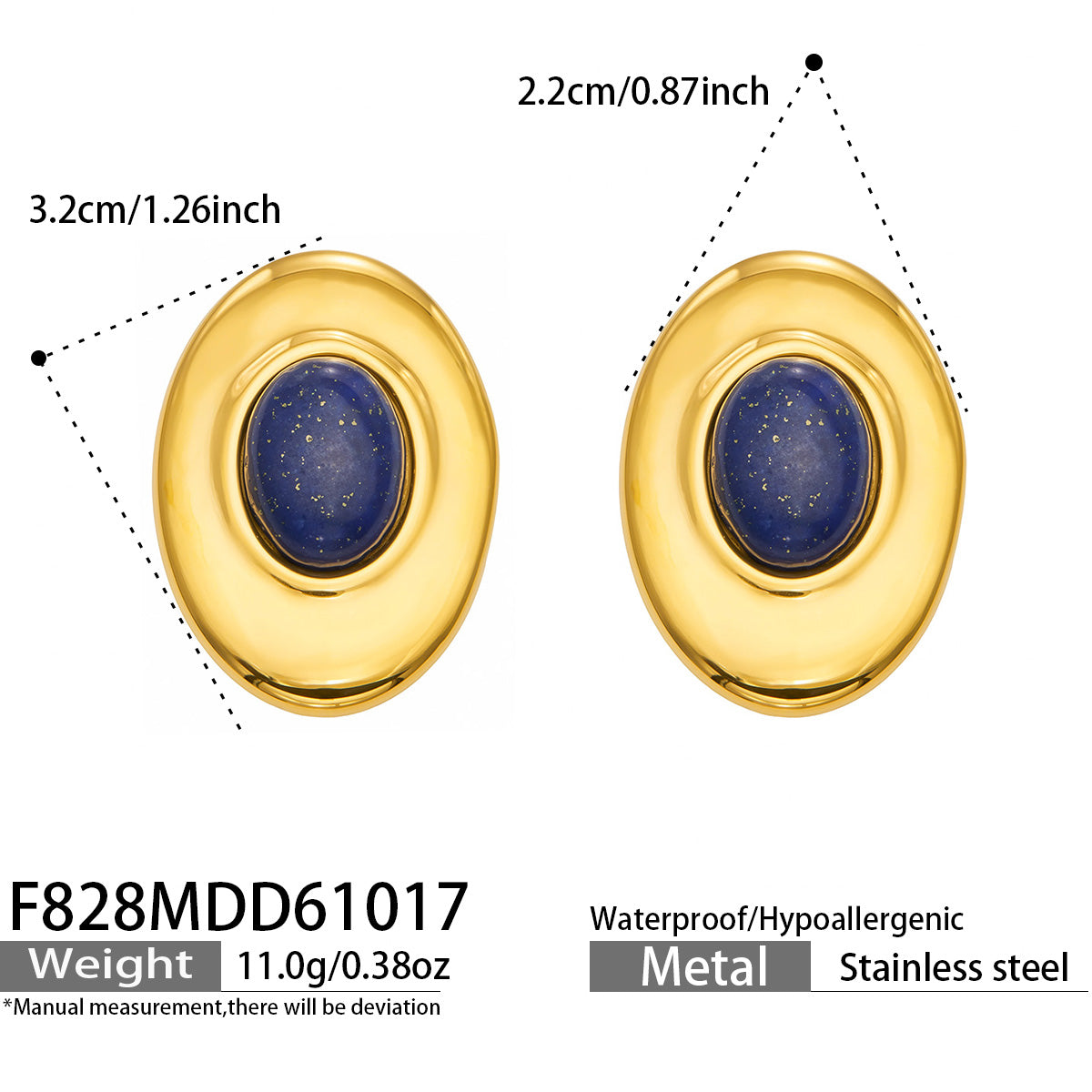316L Stainless Steel 18K PVD Gold Oval Lapis Earrings made with 316L stainless steel and 18K PVD gold finish for wholesale jewelry buyers - image 7