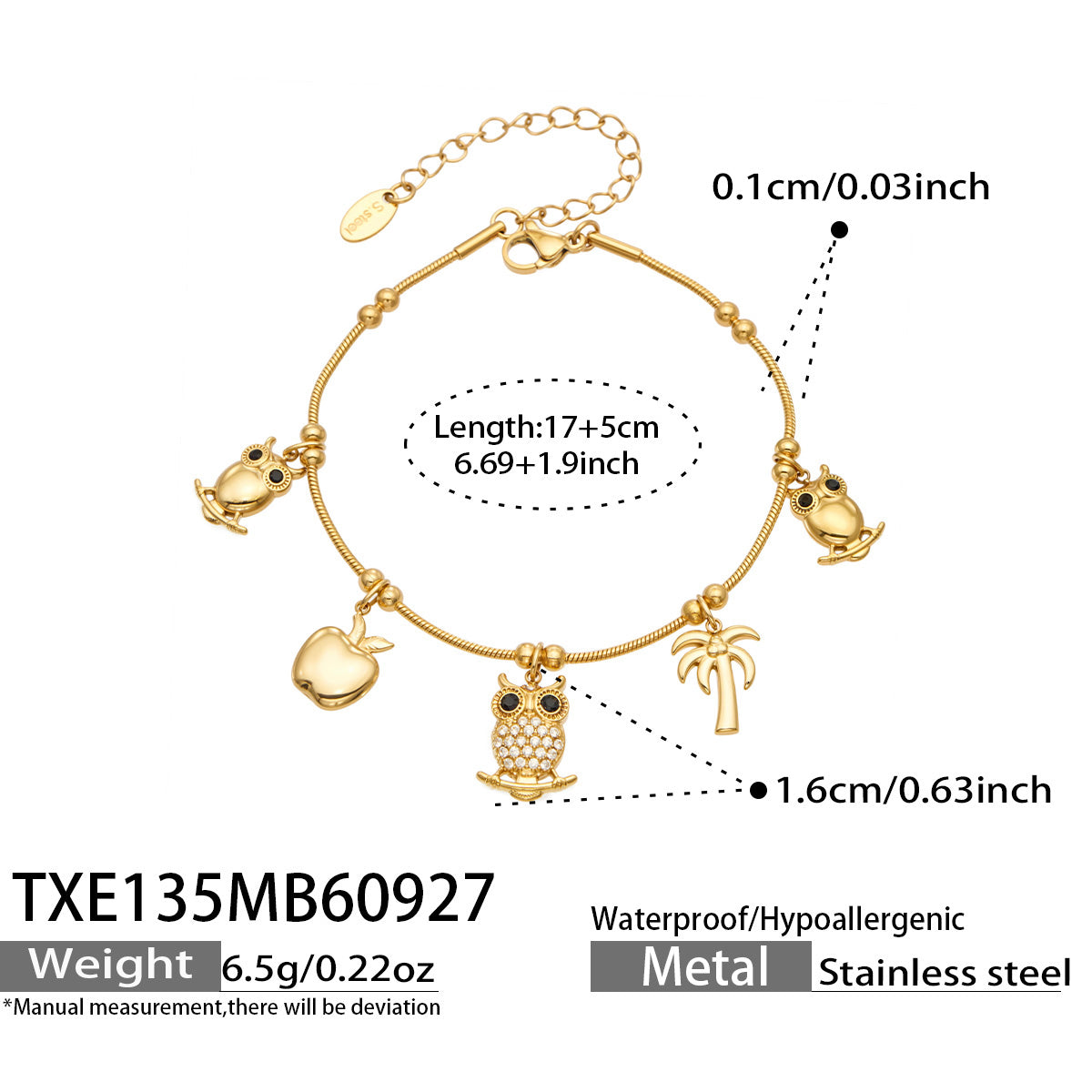 316L Stainless Steel 18K PVD Gold Owl Bracelet made with 316L stainless steel and 18K PVD gold finish for wholesale jewelry buyers - image 3