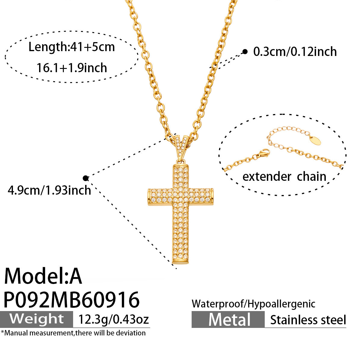 P092 Model A zircon cross necklace size details