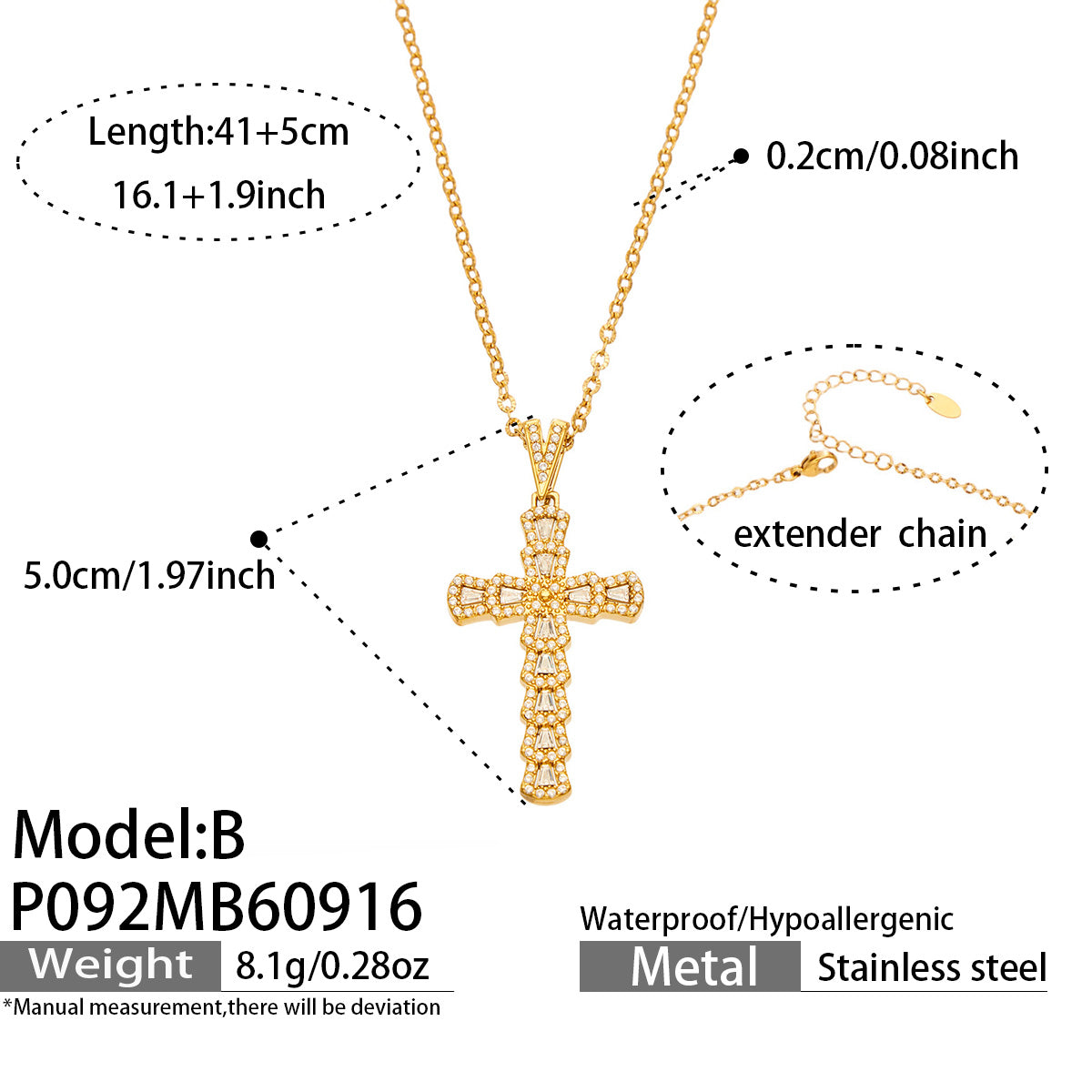 P092 Model B zircon cross necklace size details
