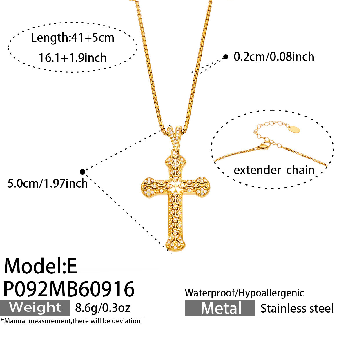 P092 Model E zircon cross necklace size details