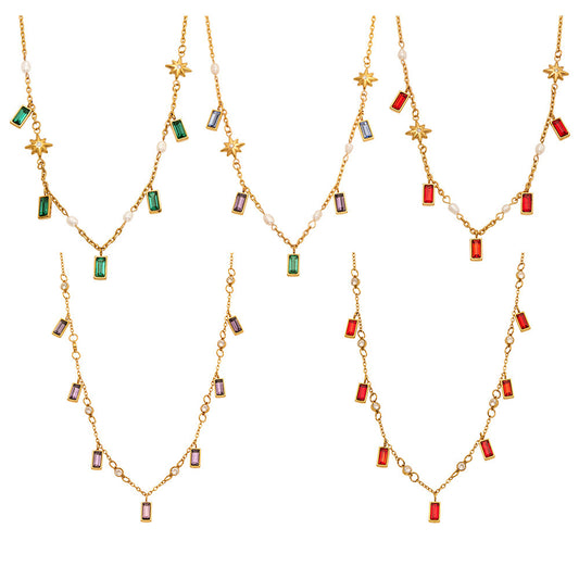 Colorful glass stone charm necklace collection with gold tone chain for boutique wholesale jewelry buyers