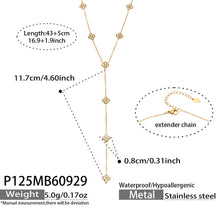 P125 gold-tone stainless steel floral Y necklace with length and product specification details