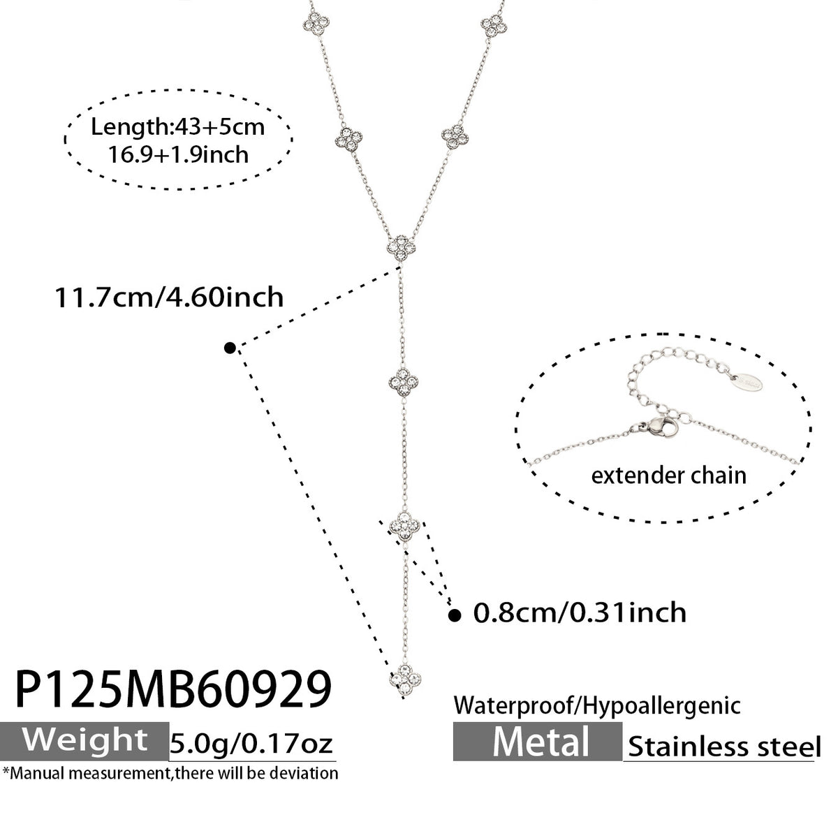 P125 steel-tone stainless steel floral Y necklace with length and product specification details