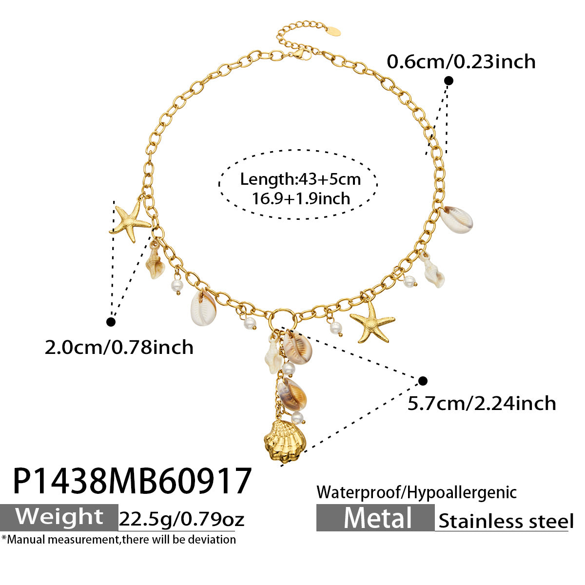 P1438 seashell and starfish charm necklace 43+5 cm size details