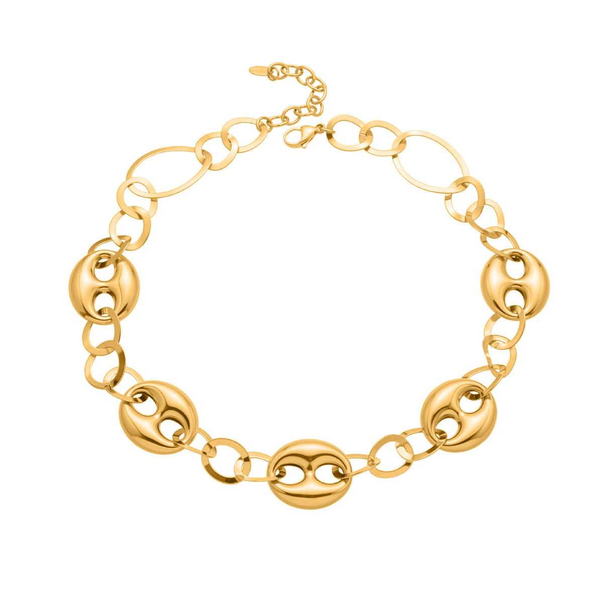 P1440 gold-tone stainless steel coffee bean link necklace with sculpted bean-shaped links and oval connecting rings