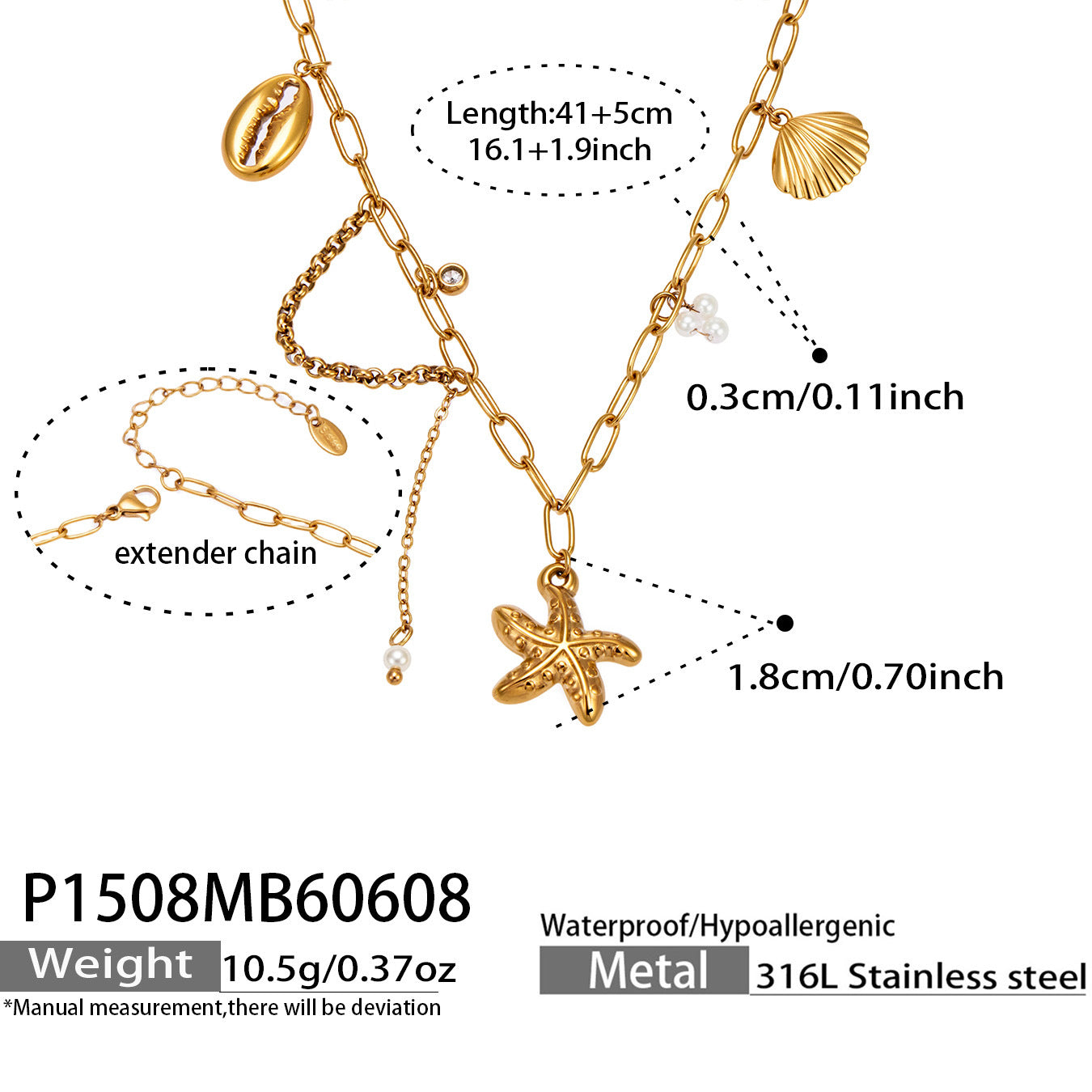 P1508 gold starfish ocean charm necklace size card showing 41 plus 5cm length and marine-inspired pendant design