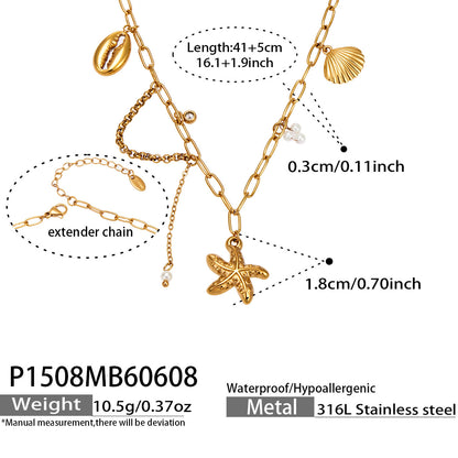 P1508 gold starfish ocean charm necklace size card showing 41 plus 5cm length and marine-inspired pendant design