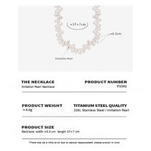 P1542 faux pearl necklace size card showing 37 plus 7cm length, 4g weight and 316L stainless steel chain details