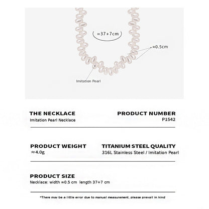 P1542 faux pearl necklace size card showing 37 plus 7cm length, 4g weight and 316L stainless steel chain details
