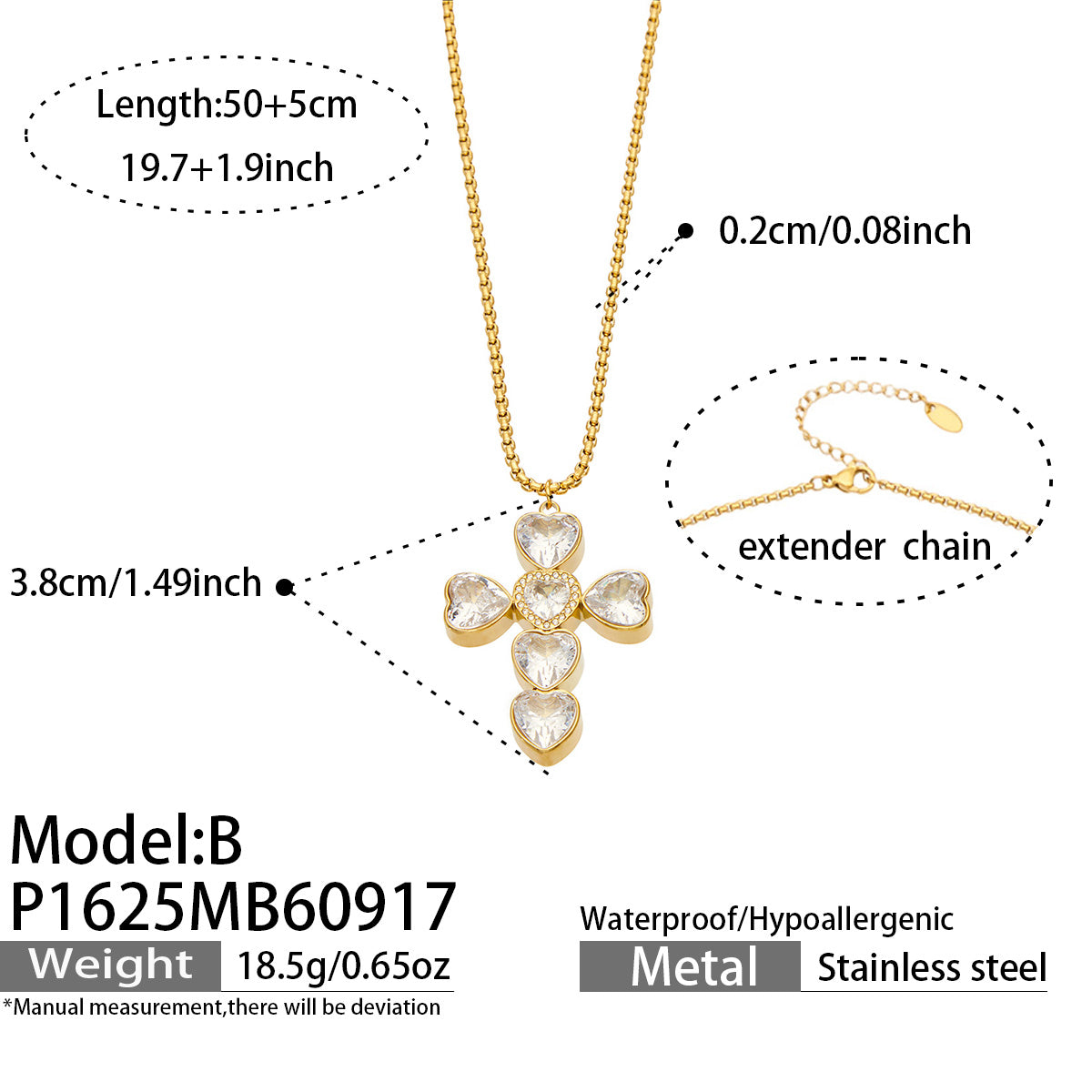 P1625 Model B heart zircon cross necklace in gold tone with 50+5 cm length details