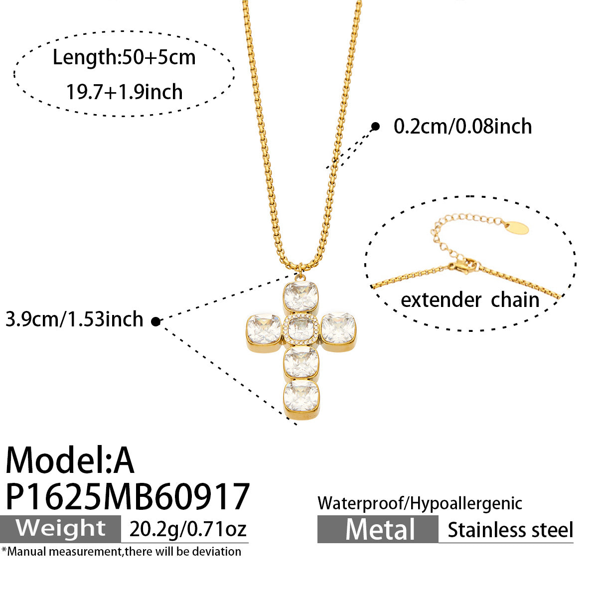 P1625 Model A square zircon cross necklace in gold tone with 50+5 cm length details