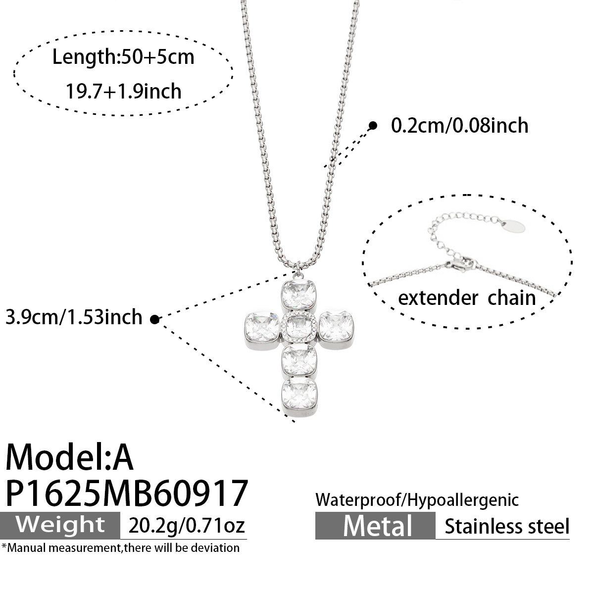 P1625 Model A square zircon cross necklace in steel tone with 50+5 cm length details