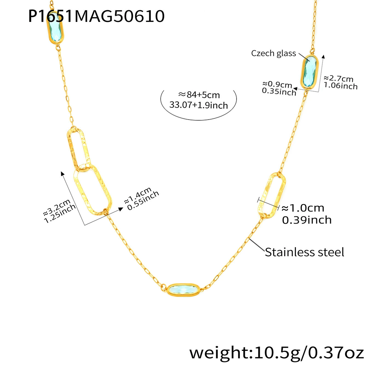 P1651 gold blue glass stone necklace size details, 84+5 cm