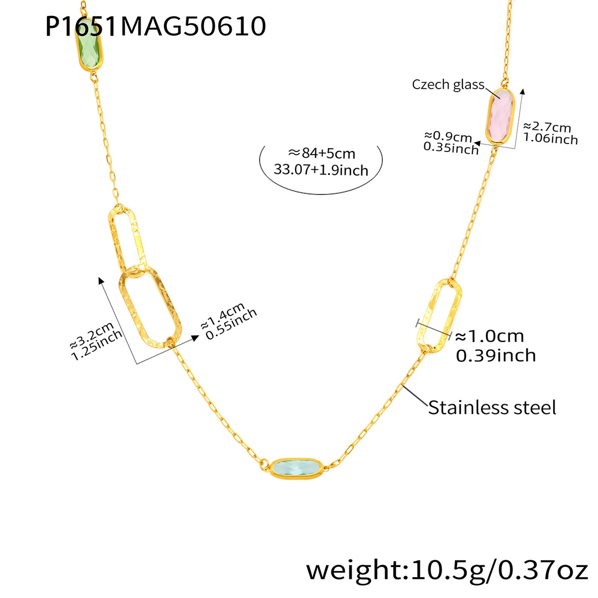 P1651 gold multicolor glass stone necklace size details, 84+5 cm