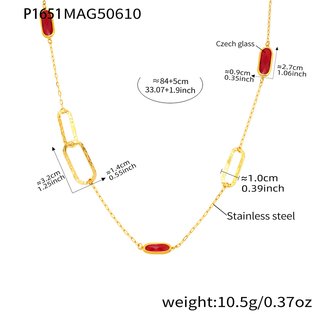 P1651 gold red glass stone necklace size details, 84+5 cm
