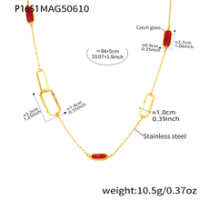 P1651 gold red glass stone necklace size details, 84+5 cm