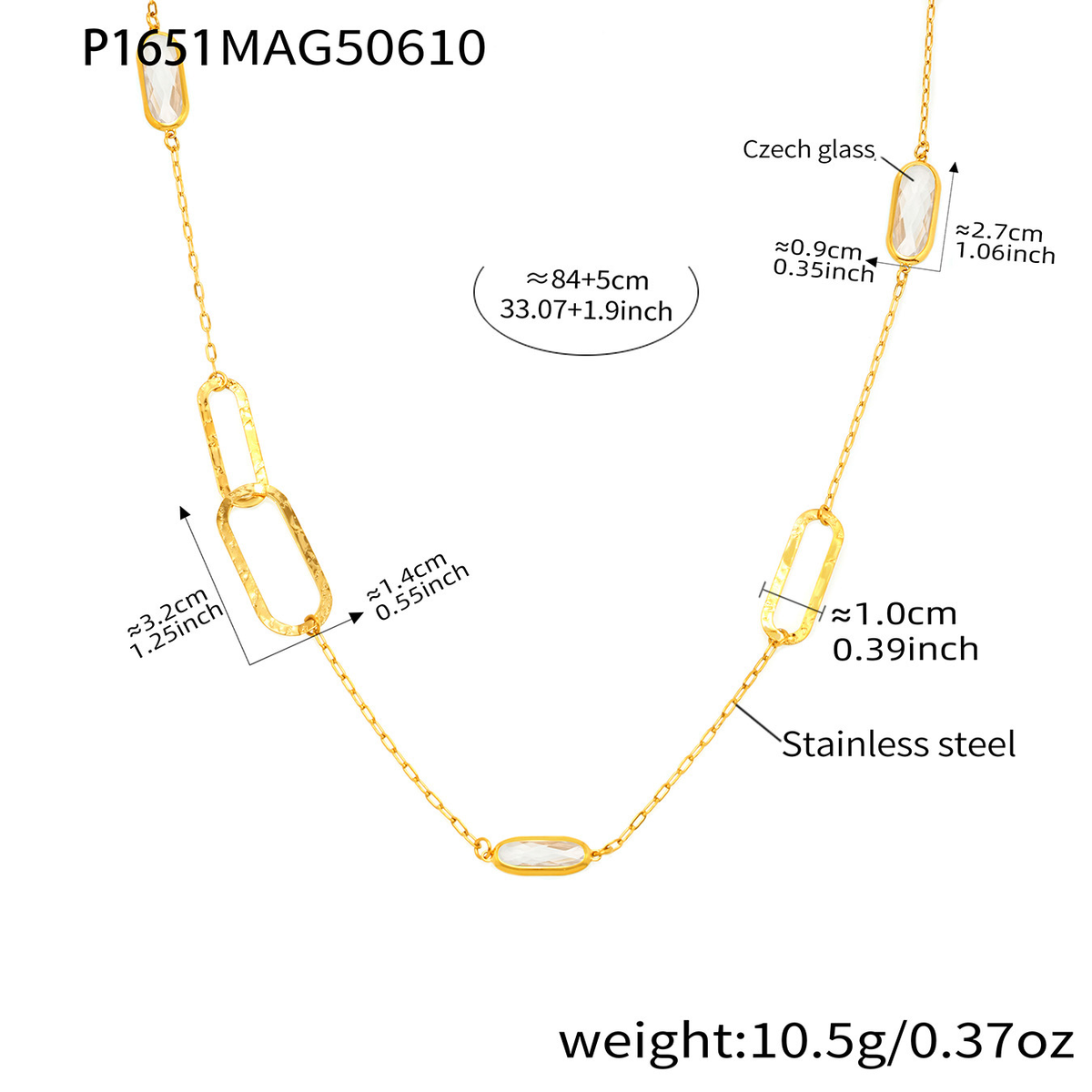 P1651 gold white glass stone necklace size details, 84+5 cm