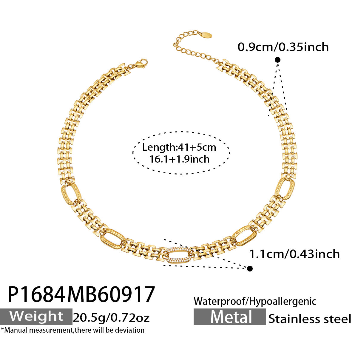 P1684 zircon watch band chain necklace 41+5 cm size details