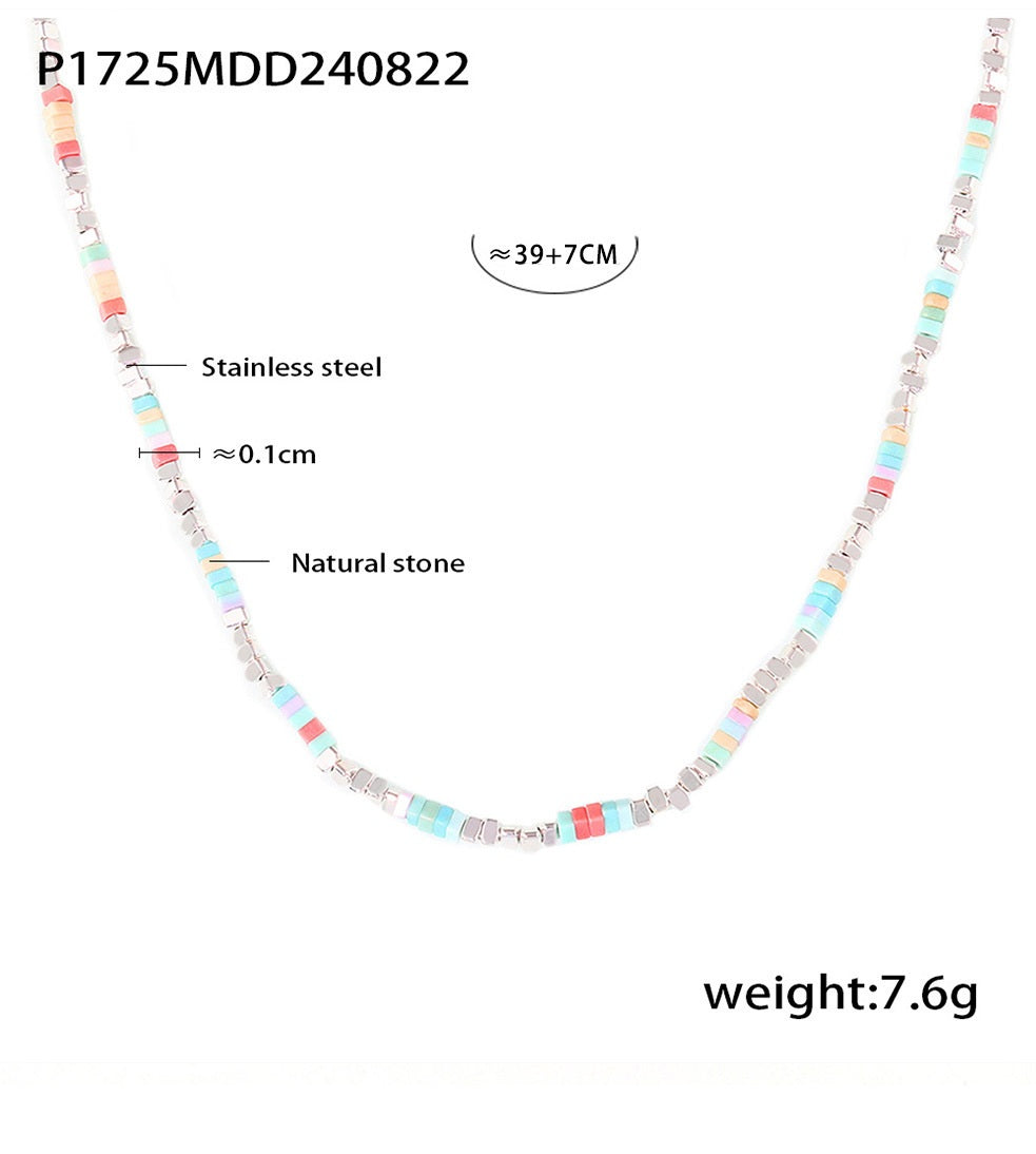 P1725 natural stone beaded necklace size card showing 39 plus 7cm adjustable length, 7.6g weight and stainless steel details