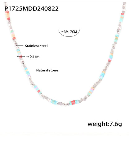 P1725 natural stone beaded necklace size card showing 39 plus 7cm adjustable length, 7.6g weight and stainless steel details